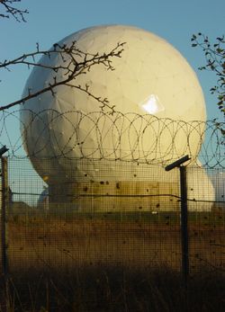 A radome at RAF Menwith Hill, a site with satellite downlink capabilities that some believe to be used by ECHELON.