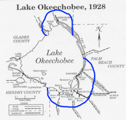 Approximate area of the flood. Note: The Palm Beach County label is misplaced. North of Canal Point has been in Martin County since 1925.