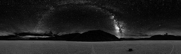 360� panorama of Racetrack Playa at night. The Milky Way is visible as an arc in the center.