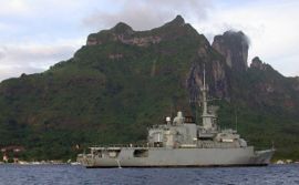 The French frigate Flor�al, stationed in Bora Bora lagoon.