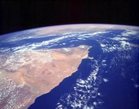 The Horn of Africa as seen from the NASA Space Shuttle in May 1993. The orange and tan colors in this image indicate a largely arid to semiarid climate.