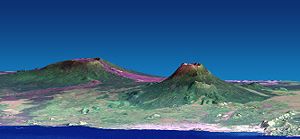 Nyiragongo (right) and Nyamuragira (left). Vertical scale exaggerated (1.5x).