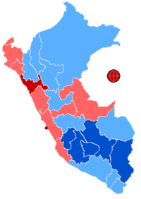 Geographic distribution of Second Round votes, by winning candidate.  �����Alan Garc�a, >2/3 of valid votes �����Alan Garc�a, <2/3 of valid votes �����Ollanta Humala, >2/3 �����Ollanta Humala, <2/3