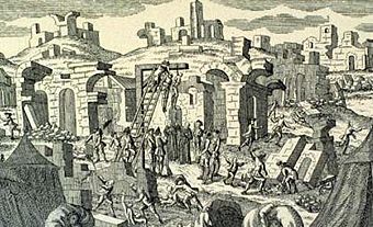 Detail from above: Executions in the aftermath of the Lisbon earthquake.  At least 34 looters were hanged in the chaotic aftermath of the disaster.  As a warning against looting, King Joseph I of Portugal ordered gallows to be constructed in several parts of the city.