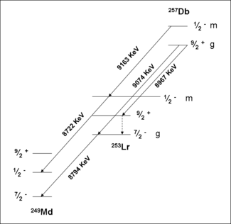 The is the currently suggested decay level scheme for 257Dbg,m from the study performed in 2001 by Hessberger et al. at GSI