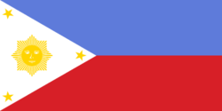 This is a depiction of the original flag of the Philippines as it was conceived by Gen. Emilio Aguinaldo.  The blue was of a lighter shade than the currently mandated royal blue, the sun had many more rays although it still had eight points, and it has a mythical face.