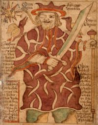 Odin with his ravens and weapons (MS S�M 66, eighteenth century)