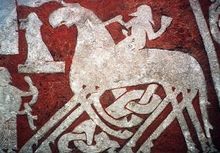 A depiction of Odin entering Valhalla riding on Sleipnir from the T�ngvide image stone.