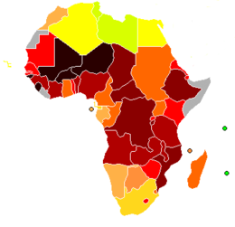    Map of Africa indicating Human Development Index (2004).        �����above 0.950 �����0.900-0.949 �����0.850-0.899 �����0.800-0.849 �����0.750-0.799   �����0.700-0.749 �����0.650-0.699 �����0.600-0.649 �����0.550-0.599 �����0.500-0.549   �����0.450-0.499 �����0.400-0.449 �����0.350-0.399 �����0.300-0.349 �����under 0.300 �����n/a   