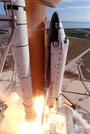 Columbia lifting off on its final mission. The light-colored triangle visible at the base of the strut is the Left Bipod Foam Ramp. Video