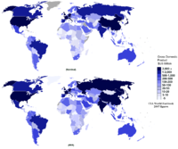 CIA World Factbook 2007 figures of total nominal GDP (top) compared to PPP-adjusted GDP (bottom).