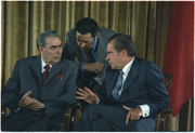 Brezhnev and Nixon during Brezhnev's June 1973 visit to Washington; this marked a high-water mark in d�tente between the United States and the Soviet Union.