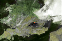 In this satellite photo the pollution from the explosions, appearing black, is spreading in two main streams from the explosion site at the apex of the inverted 'v'.   The orange dot is a marker, not the actual fire. 