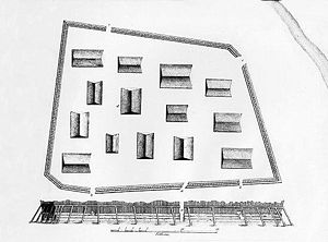 A plan and elevation sketch of the Tlingit fort Shis'k� Noow drawn by Yuri Lisyansky after the Battle of Sitka in 1804. The Indian River flows through the upper right corner of Lisyansky's drawing.