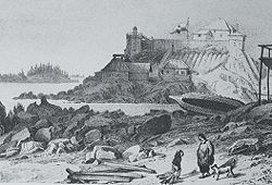 The Russian palisade atop "Castle Hill" (Noow Tlein) in G�jaa H�en (Old Sitka), circa 1827.