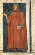 Petrarch, from the Cycle of Famous Men and Women. ca. 1450.  Detached fresco. 247 x 153 cm. Galleria degli Uffizi, Florence, Italy.  Artist: Andrea di Bartolo di Bargilla (ca. 1423–1457)