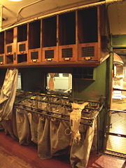 An interior view of Great Northern Railway #42, a restored RPO on display at the California State Railroad Museum in Sacramento.