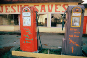 Gas stations abandoned during the crisis were sometimes used for other purposes. This station at Potlatch, Washington was turned into a revival hall.