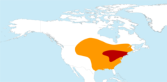 Distribution map of Ectopistes migratoriusIn red�: breeding zone; In yellow�: wintering zone