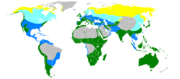 Global rangeYellow: Breeding summer visitor Green: Breeding resident Blue: Winter visitor Light blue: Passage visitor