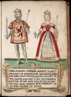 M�el Coluim and Margaret as depicted in a 16th century armorial. Note the coats of arms both bear on their clothing - Malcolm wears the Lion of Scotland, which historically was not used until the time of his great-grandson William the Lion; Margaret wears the supposed arms of Edward the Confessor, her grand-uncle, although the arms were in fact concocted in the later Middle Ages.