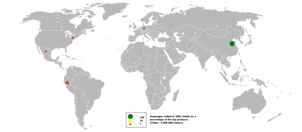 Asparagus output in 2005 shown as a percentage of the top producer (China – 5,906,000 tonnes).      100      10      1