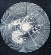 Brightness can indicate reflectivity as in this 1960 weather radar image. The radar's frequency, pulse form, and antenna largely determine what it can observe.