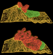 Computer graphic showing the May 18 landslide (green) being overtaken by the initial pyroclastic flow (red).