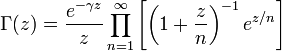 
\Gamma (z) = \frac{e^{-\gamma z}}{z} \prod_{n=1}^\infty \left[\left(1+\frac{z}{n}\right)^{-1}e^{z/n}\right]\,
