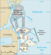 The map of Macau, showing Macau Peninsula, Cotai, Taipa and Coloane.