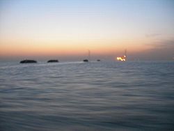 Ships on the Yangtze at dawn with bridge in the distance (near Nantong).