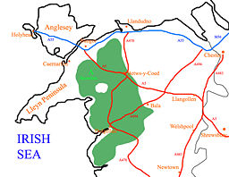 A map of Snowdonia National Park shown in relation to North Wales.