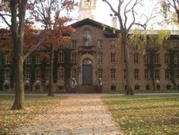 Nassau Hall, the university's oldest building. Note the tiger sculptures beside the steps (See discussion above).