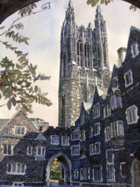 This watercolor shows Cleveland Tower as seen from just outside Procter Hall at the Old Graduate College in the noon autumn sun.  The tower was built in 1913 as a memorial to former United States President Grover Cleveland, who also served as a university trustee.  One of the largest carillons in the world, the class of 1892 bells, was installed in 1927.  The Chapel Music program plays the bells Sunday afternoons during each semester, except during exam periods.