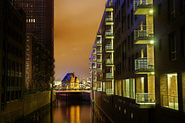 The Speicherstadt at night.