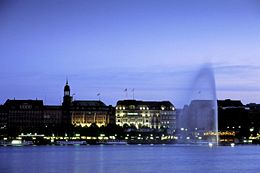 The smaller Alster (Binnenalster) lake at dusk.