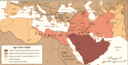 The "Age of the Caliphs," showing Umayyad dominance stretching from the Middle East to the Iberian peninsula, including the port of Narbonne, c. 720