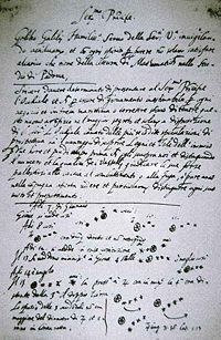 It was on this page that Galileo first noted an observation of the moons of Jupiter. This observation upset the notion that all celestial bodies must revolve around the Earth. Galileo published a full description in Sidereus Nuncius in March 1610