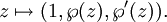 z \mapsto (1,\wp(z), \wp'(z)).\,