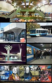 Top: Lionel-Groulx metro station. Second row: Honor�-Beaugrand metro station, a 1996 NovaBus LFS "167 Le Casino" leaving the Montreal Biosph�re and heading to the Montreal Casino. Third row: Georges-Vanier metro station, Berri-UQAM metro station.  Bottom: Montreal's first two mayors, Jacques Viger and Peter McGill, in stained glass in the McGill Station of the Montreal Metro.