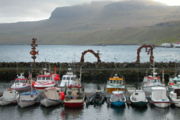 The harbor at Fuglafj�r�ur, Faroe Islands shows seven typical Faroe boats used for fishing.