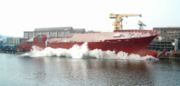 A ship launching at the Northern Shipyard in Gdansk, Poland