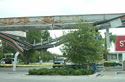 Damage caused to a gas station by Hurricane Charley in Kissimmee, Florida.