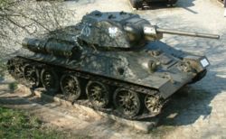 Polish T-34 Model 1943 in Poznań, Poland. Note the different turret shape from the Model 1942's (top of page).