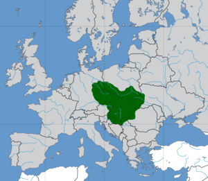 Map of Great Moravia at its possible greatest territorial extent during the reign of Svatopluk I (871-894), superimposed on the modern borders of European states. Note that some of the borders of Great Moravia are under debate.