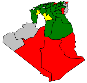 �����FIS majority�����50% FIS�����non-FIS majority�����Undecided�����No data availableIn the above provincial seat allocation results of the 1991 elections, the FIS attained majorities in most of Algeria's populated areas.