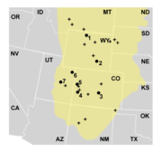 Locations in the Morrison Formation (yellow) where Allosaurus remains have been found.