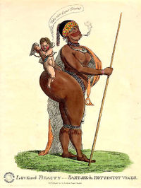 A 19th century caricature of the "Hottentot Venus". Saartje Baartman, a Khoisan woman, was exhibited naked and in a cage as a sideshow attraction in England, fueling the African Association's indignation. After her death, her genitals were dissected and cast in wax. Nelson Mandela formally requested France to return her remains, which had been kept at the Parisian Mus�e de l'Homme until 1974.