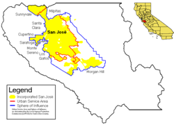 Location of San Jose within Santa Clara County, California