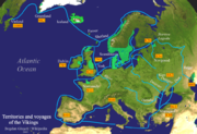 Map showing area of Scandinavian settlements during the 9th to 10th centuries. Also the trade and raid routes, often inseparable, are marked.